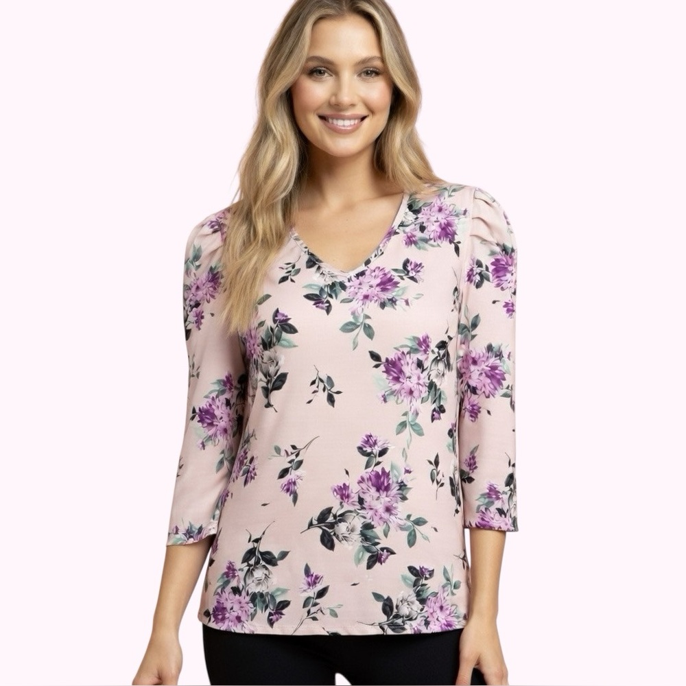 Suzy Shier Pink Ruched Ruffled 3/4 Sleeve Blouse